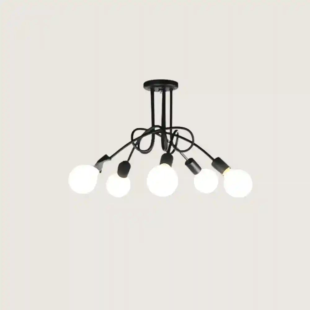 Black industrial chandelier with five white globe bulbs and adjustable arms.