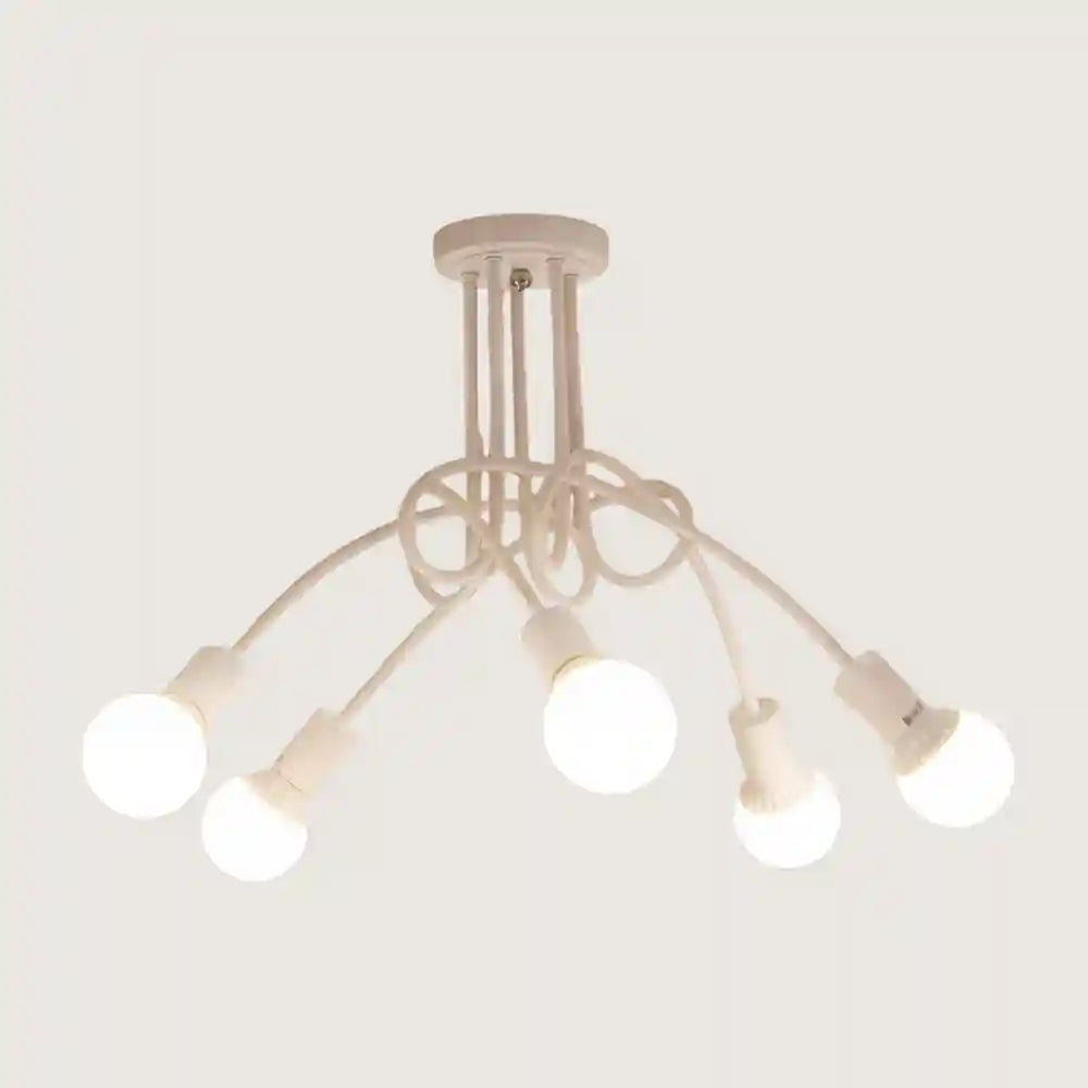 White industrial chandelier with five adjustable arms and round LED bulbs.