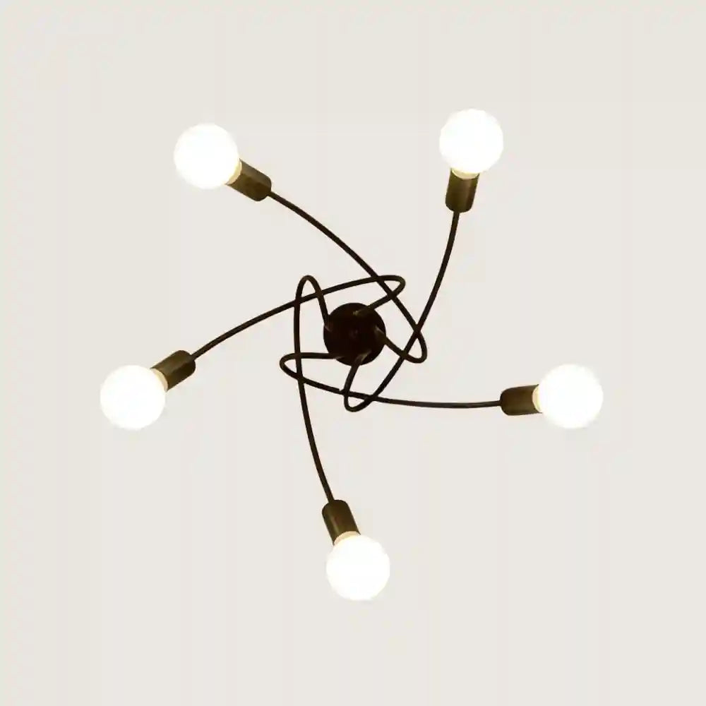 Industrial chandelier with five white globe bulbs on black curved metal arms.