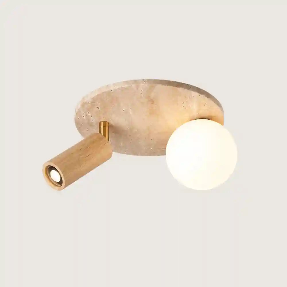 Plafonnier travertin, Bois acajou - Moderne, double point lumineux