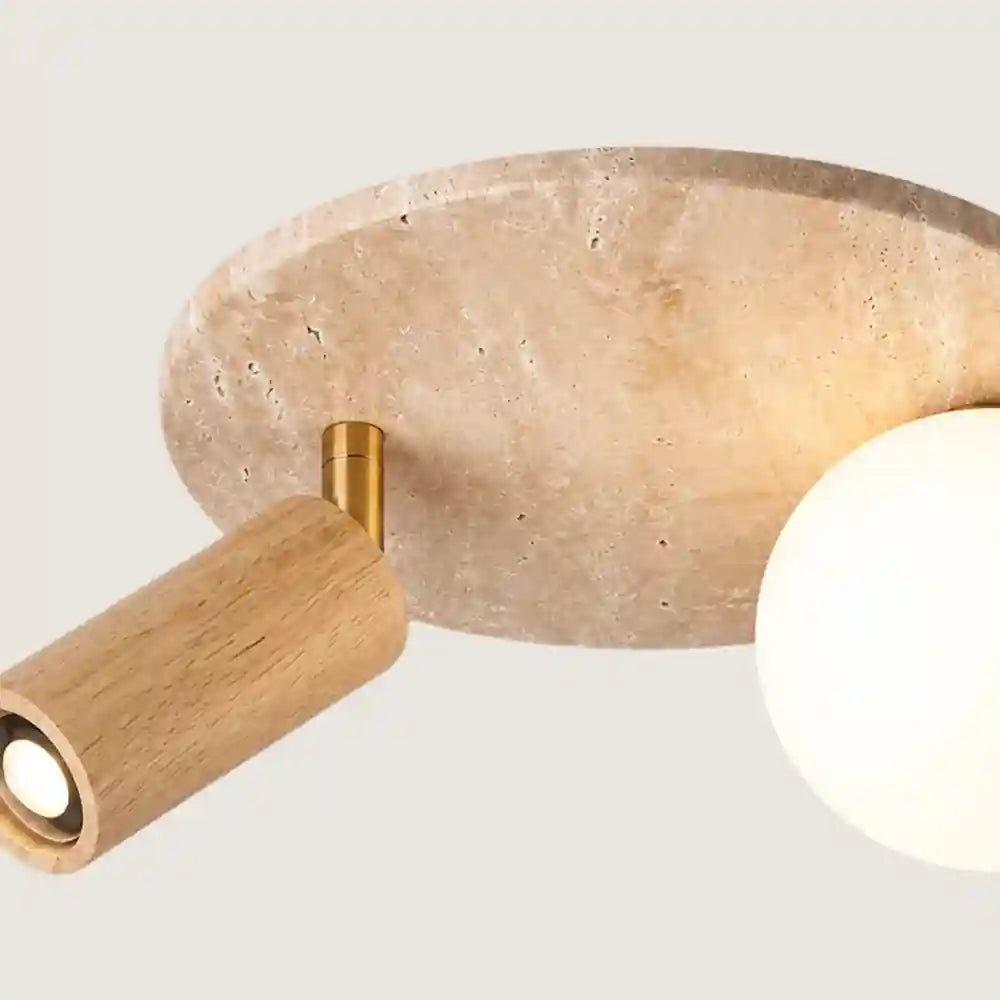 Plafonnier travertin, Bois acajou - Moderne, double point lumineux
