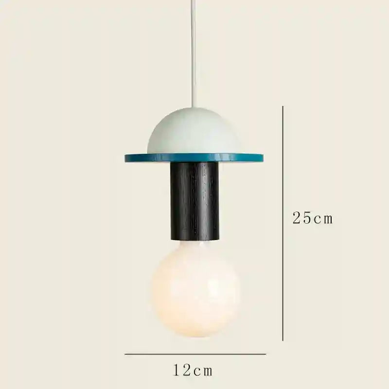Nordic wood pendant light with white dome shade and black cylindrical holder, 25cm tall, 12cm wide.