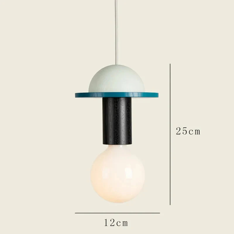 Nordic wood pendant light with white dome shade and black cylindrical holder, 25cm tall, 12cm wide.