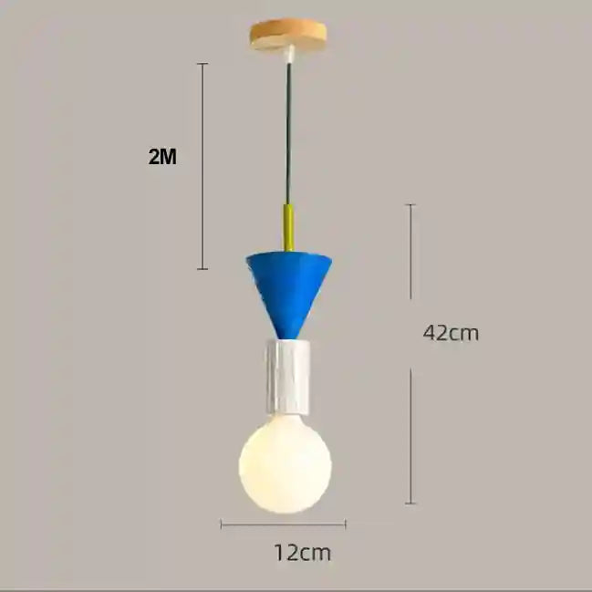 Blue Nordic wooden pendant light with white bulb and green cord, 42cm shade height, 12cm diameter.