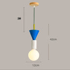 Blue Nordic wooden pendant light with white bulb and green cord, 42cm shade height, 12cm diameter.
