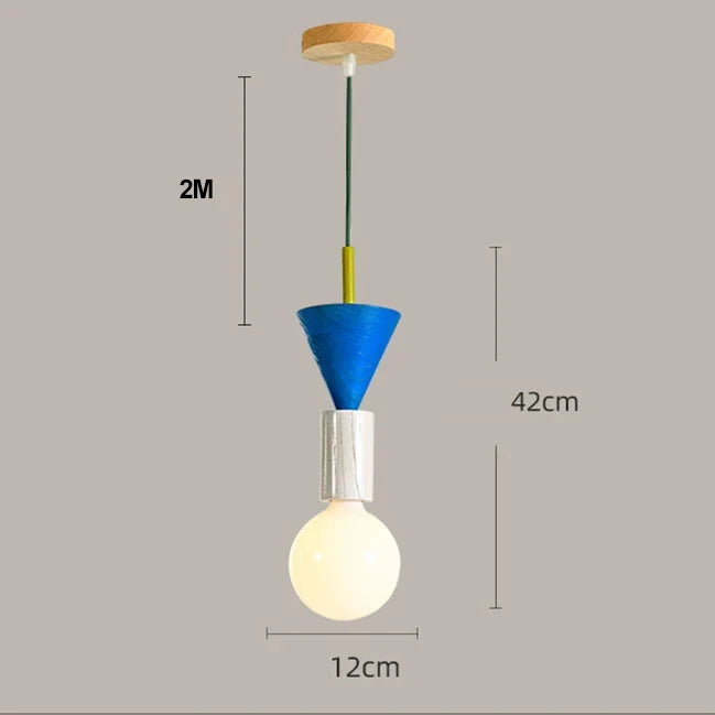 Blue Nordic wooden pendant light with white bulb and green cord, 42cm shade height, 12cm diameter.
