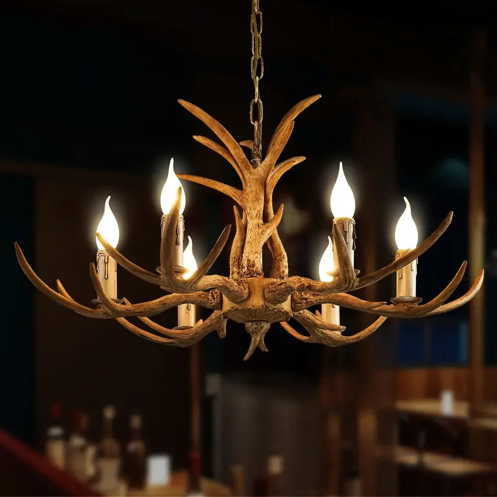 Lustre salon | Bois Cerf Style Rustique 6 Têtes