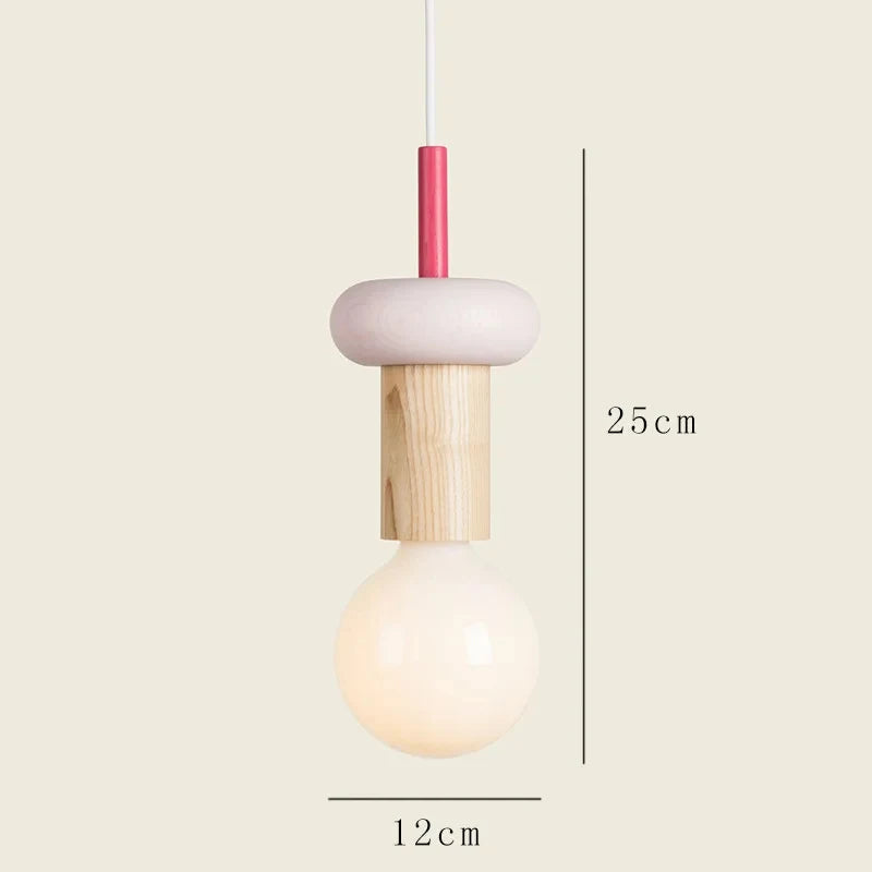 Nordic wood pendant light with cream circular frame and red wooden top, 25cm tall, 12cm wide.