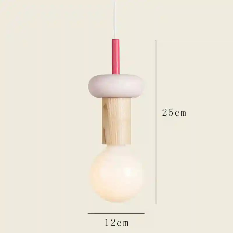 Nordic wood pendant light with cream circular frame and red wooden top, 25cm tall, 12cm wide.