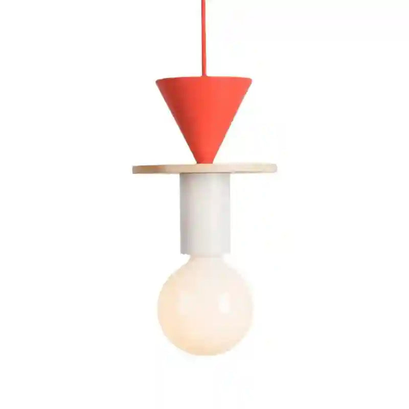 Nordic style pendant light with orange wooden cone and round bulb on natural wood disc.