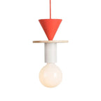 Nordic style pendant light with orange wooden cone and round bulb on natural wood disc.