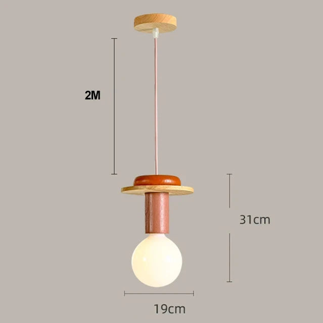 Orange Nordic wooden suspension light with round white bulb and slim rod, modern design.