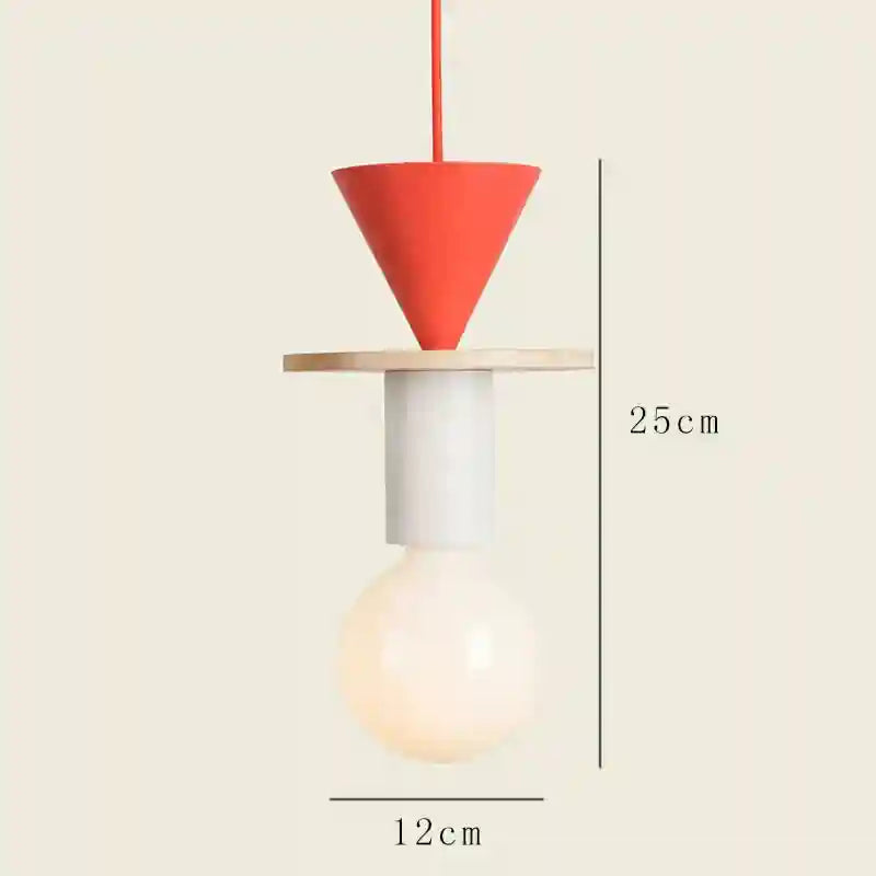 Orange Nordic wooden pendant light with warm LED bulb, 25cm height, 12cm width.