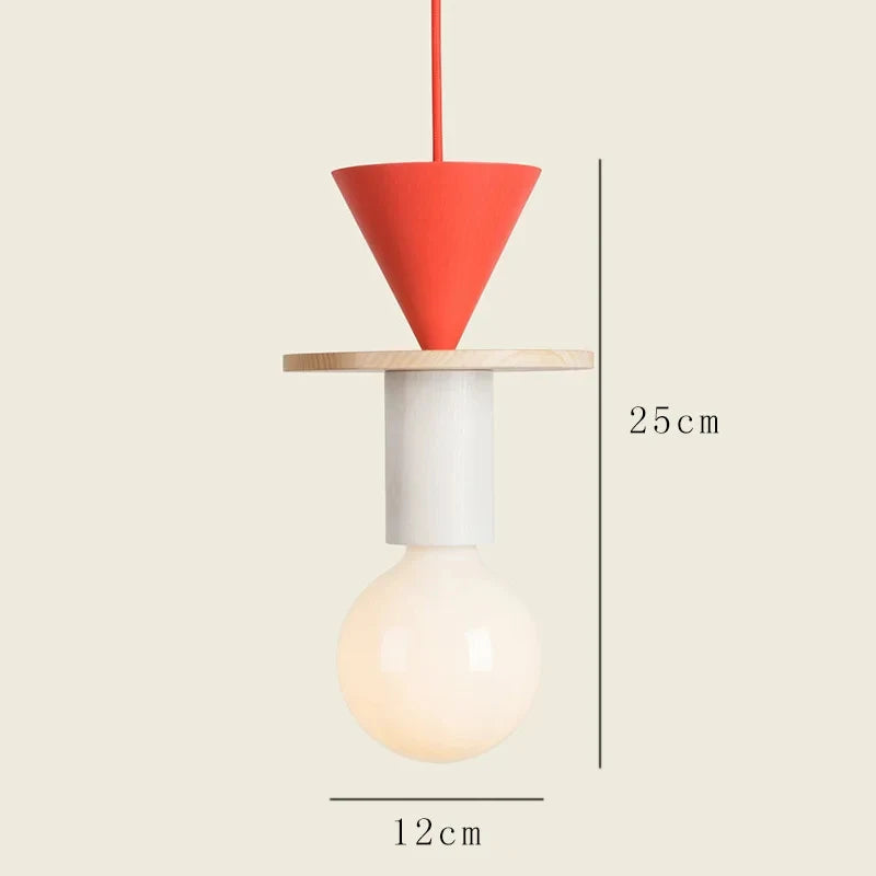 Orange Nordic wooden pendant light with warm LED bulb, 25cm height, 12cm width.
