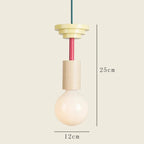Nordic wooden pendant light with beige layered shade, red rod, and round bulb, 25cm tall.