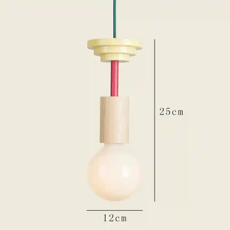 Nordic wooden pendant light with beige layered shade, red rod, and round bulb, 25cm tall.