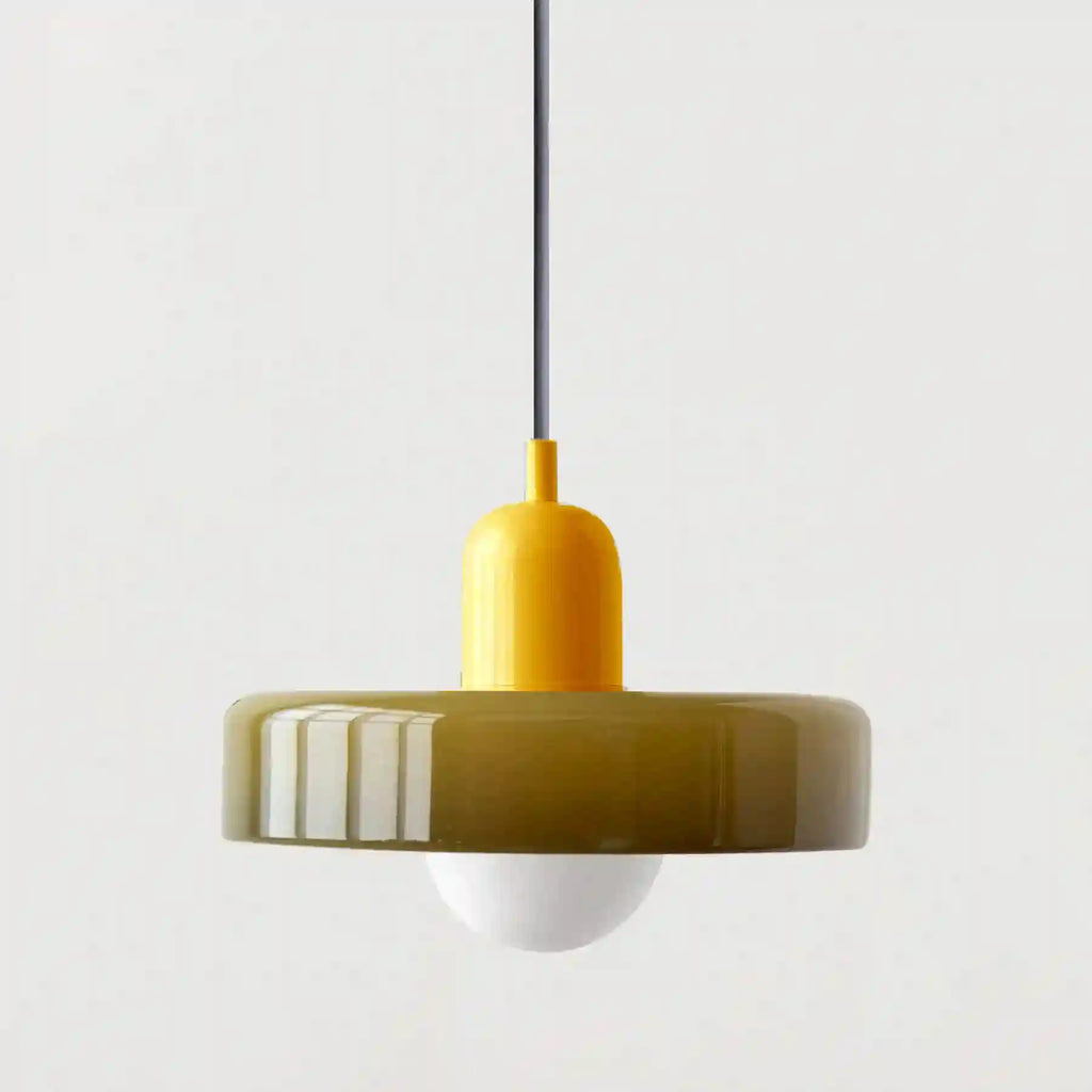 Yellow and olive green wooden ceiling pendant light with round LED bulb.