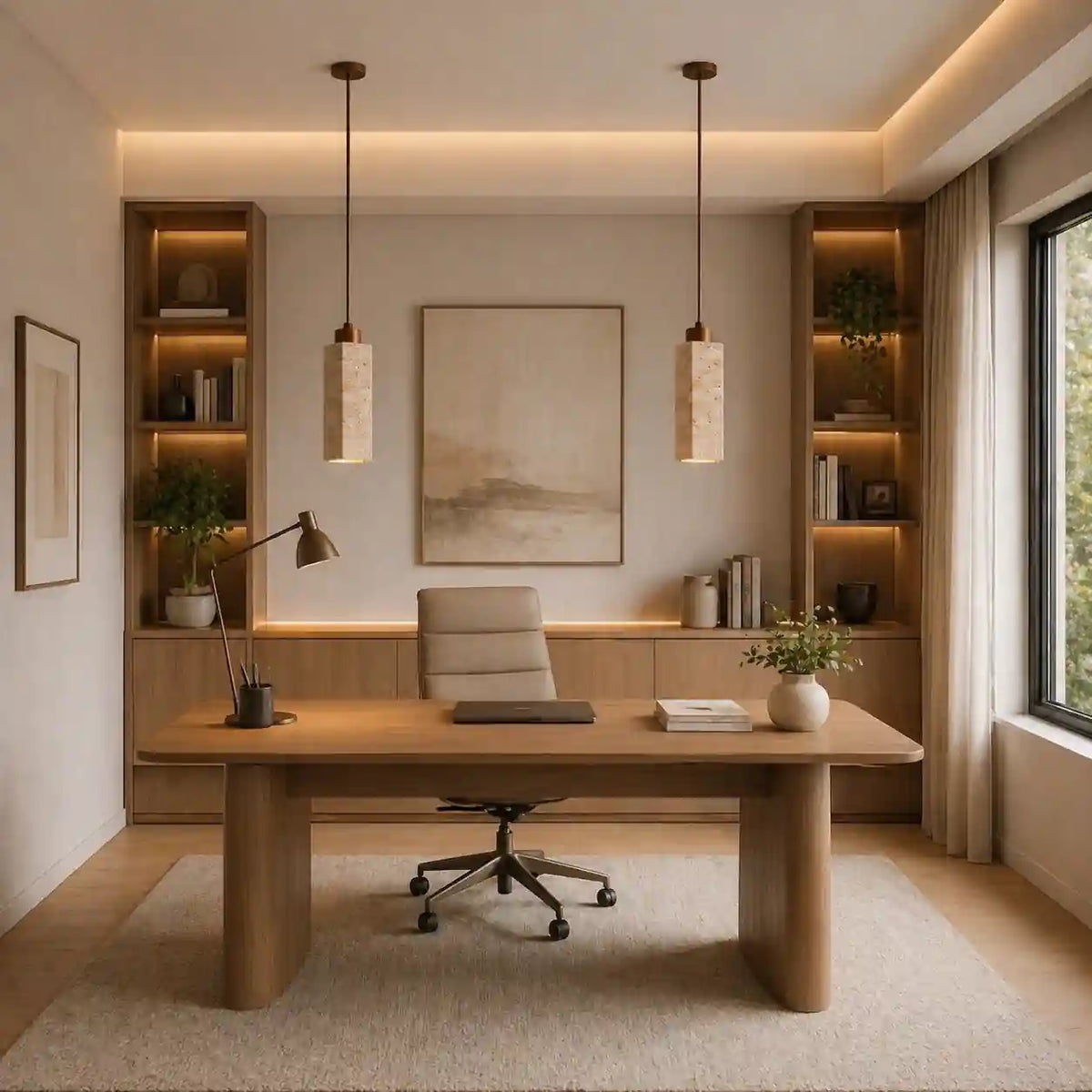 Office with wooden desk and swivel chair, two cylindrical travertine pendant lights with acajou wood details, built-in wood.