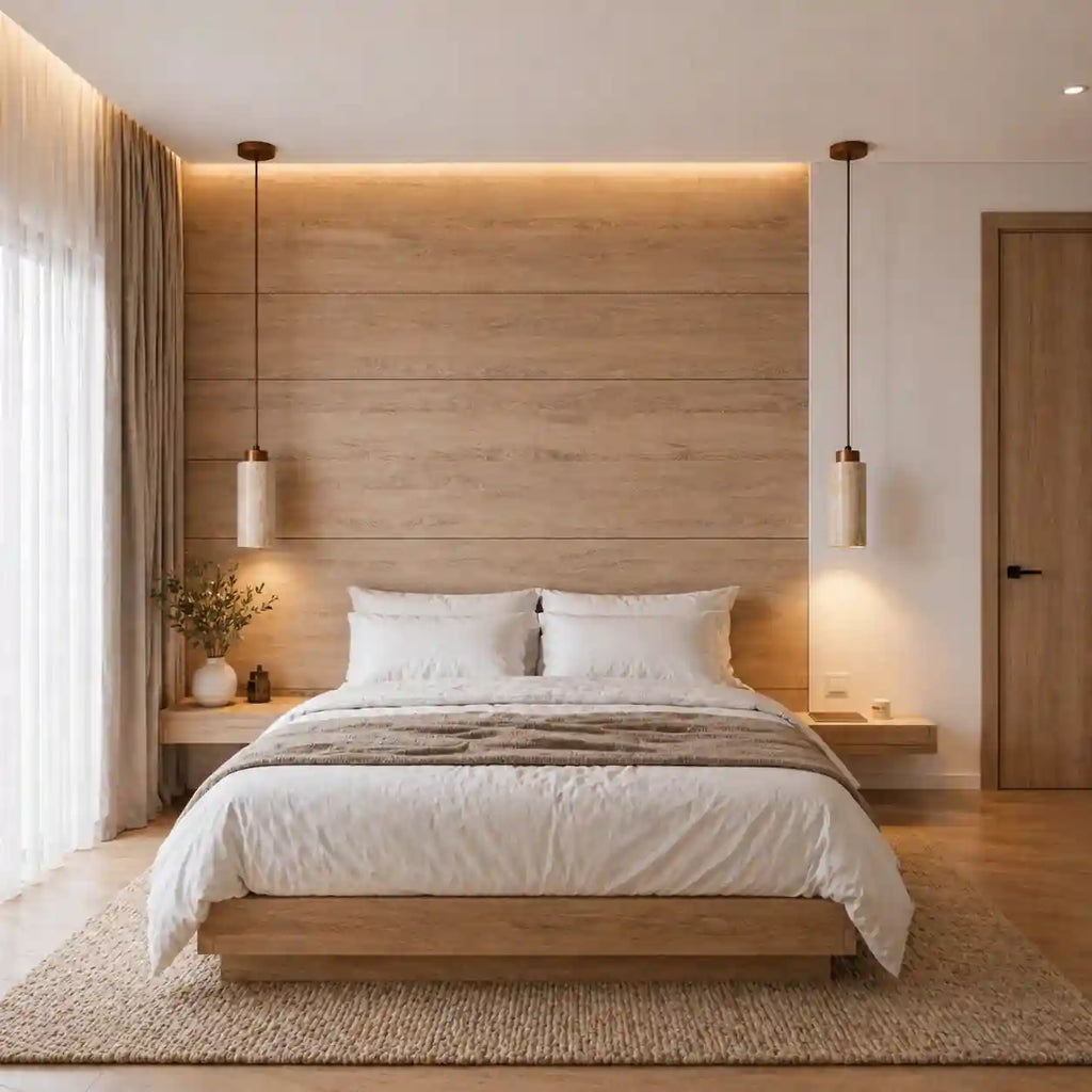 Bedroom with wooden platform bed, beige bedding, and two cylindrical travertine pendant lights with mahogany wood accents.