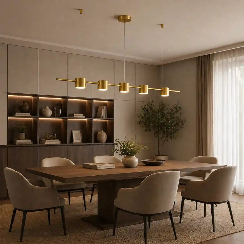 Minimalist gold LED linear chandelier with five cylindrical shades over wooden dining table.