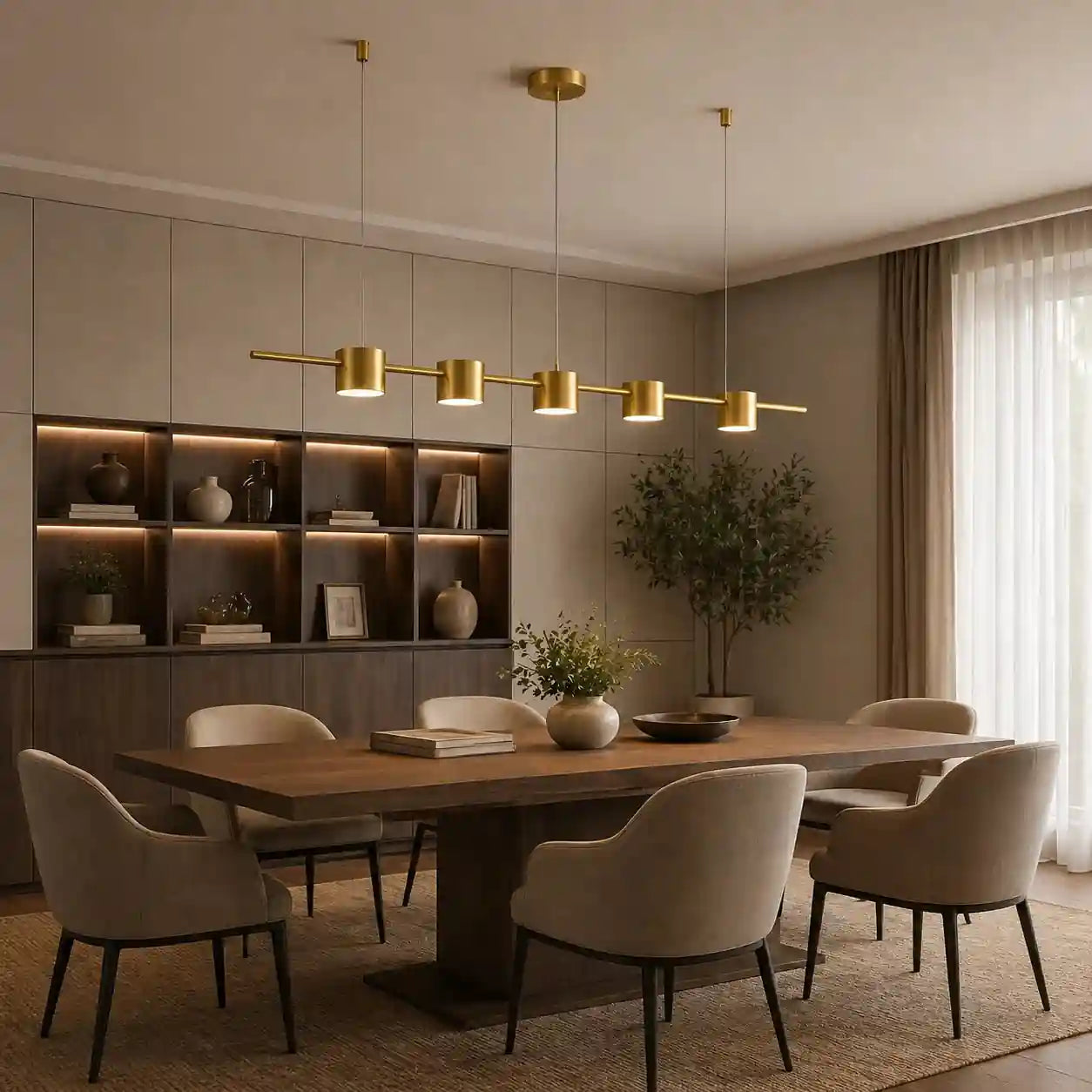 Minimalist gold LED linear chandelier with five cylindrical shades over wooden dining table.