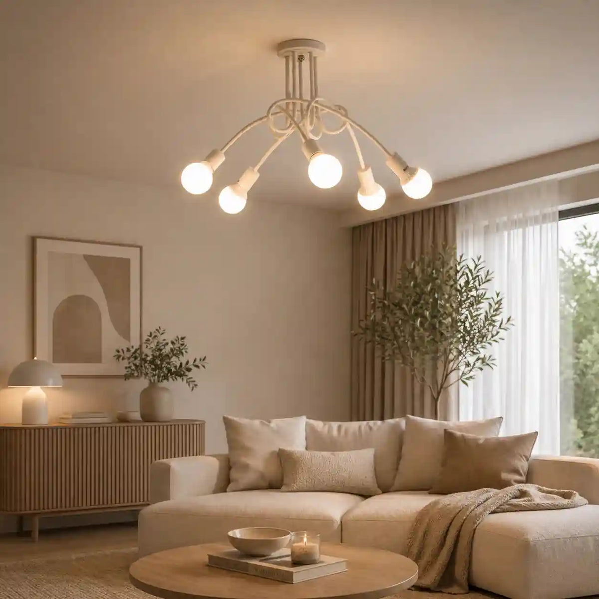 Black and white industrial chandelier with five exposed bulb branches hanging over beige sectional sofa in living room.