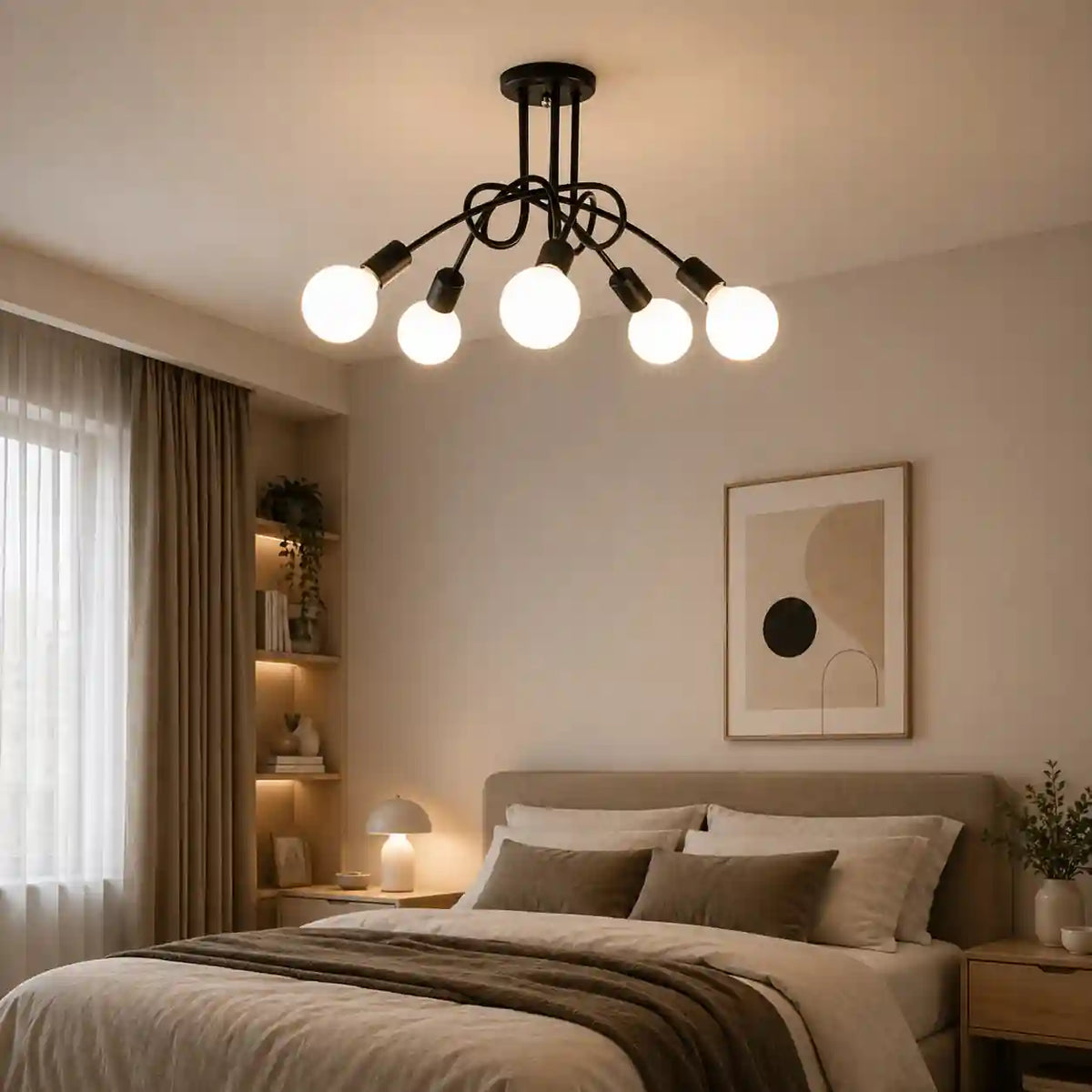 Black industrial chandelier with five white globe LED bulbs above modern bedroom.