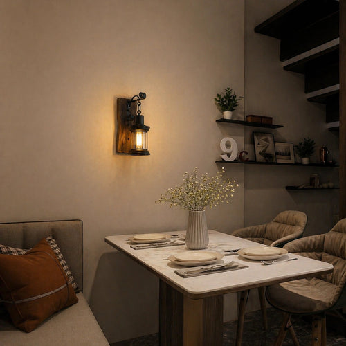 Applique murale en bois - lanterne style industriel