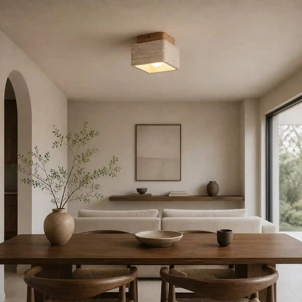Plafonnier travertin -Spot en bois acajou