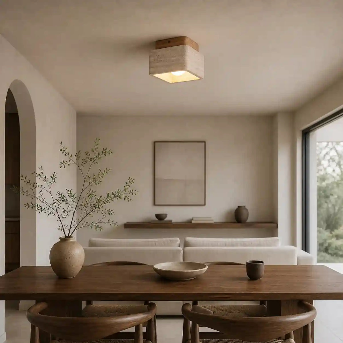 Plafonnier travertin -Spot en bois acajou