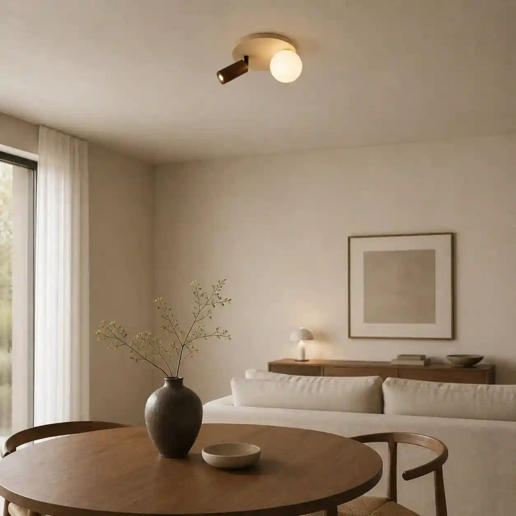 Plafonnier travertin, Bois acajou - Moderne, double point lumineux