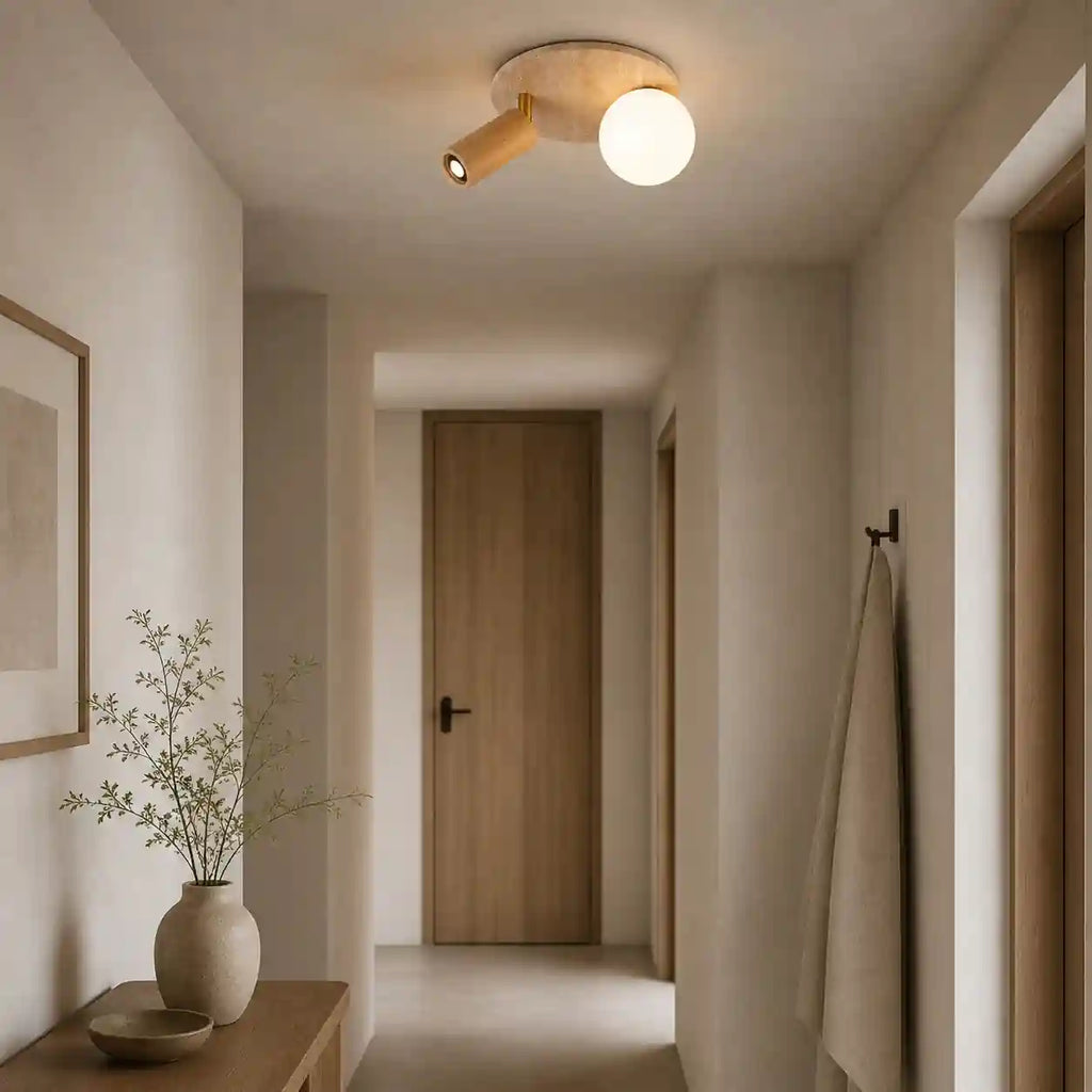 Plafonnier travertin, Bois acajou - Moderne, double point lumineux