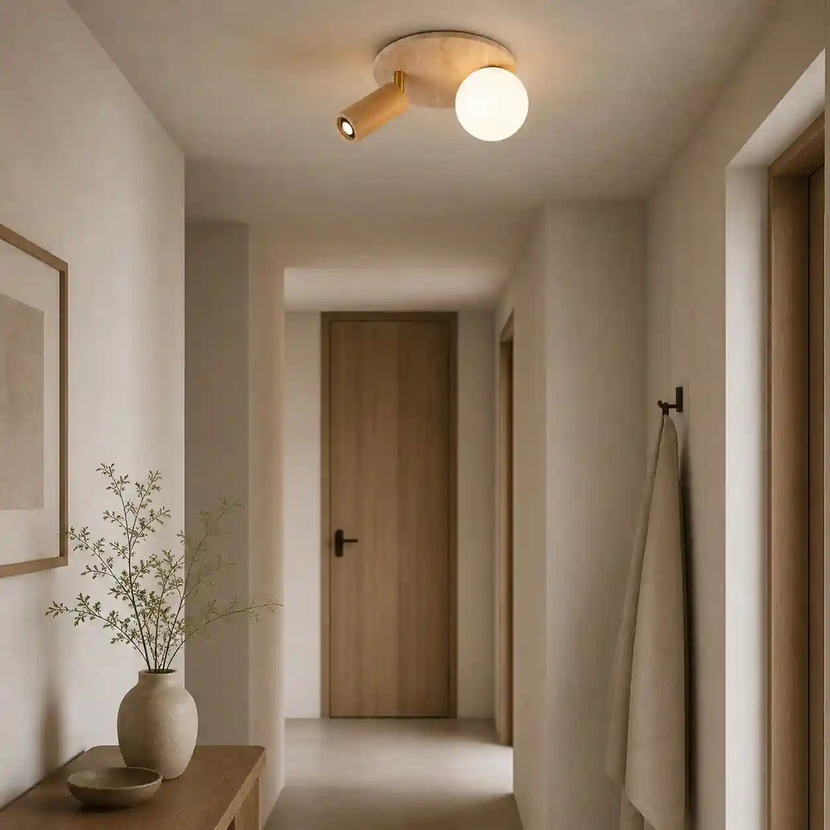 Plafonnier travertin, Bois acajou - Moderne, double point lumineux