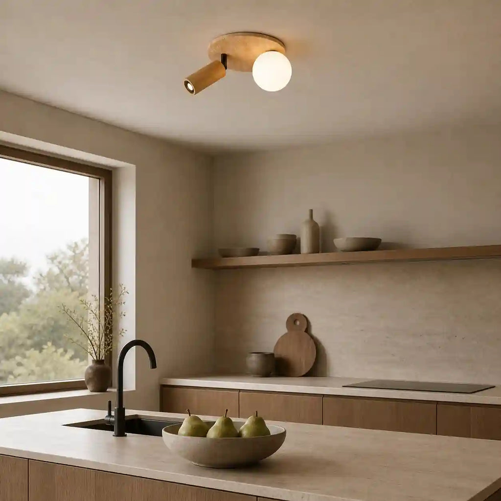 Plafonnier travertin, Bois acajou - Moderne, double point lumineux