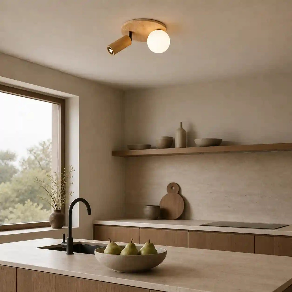 Plafonnier travertin, Bois acajou - Moderne, double point lumineux