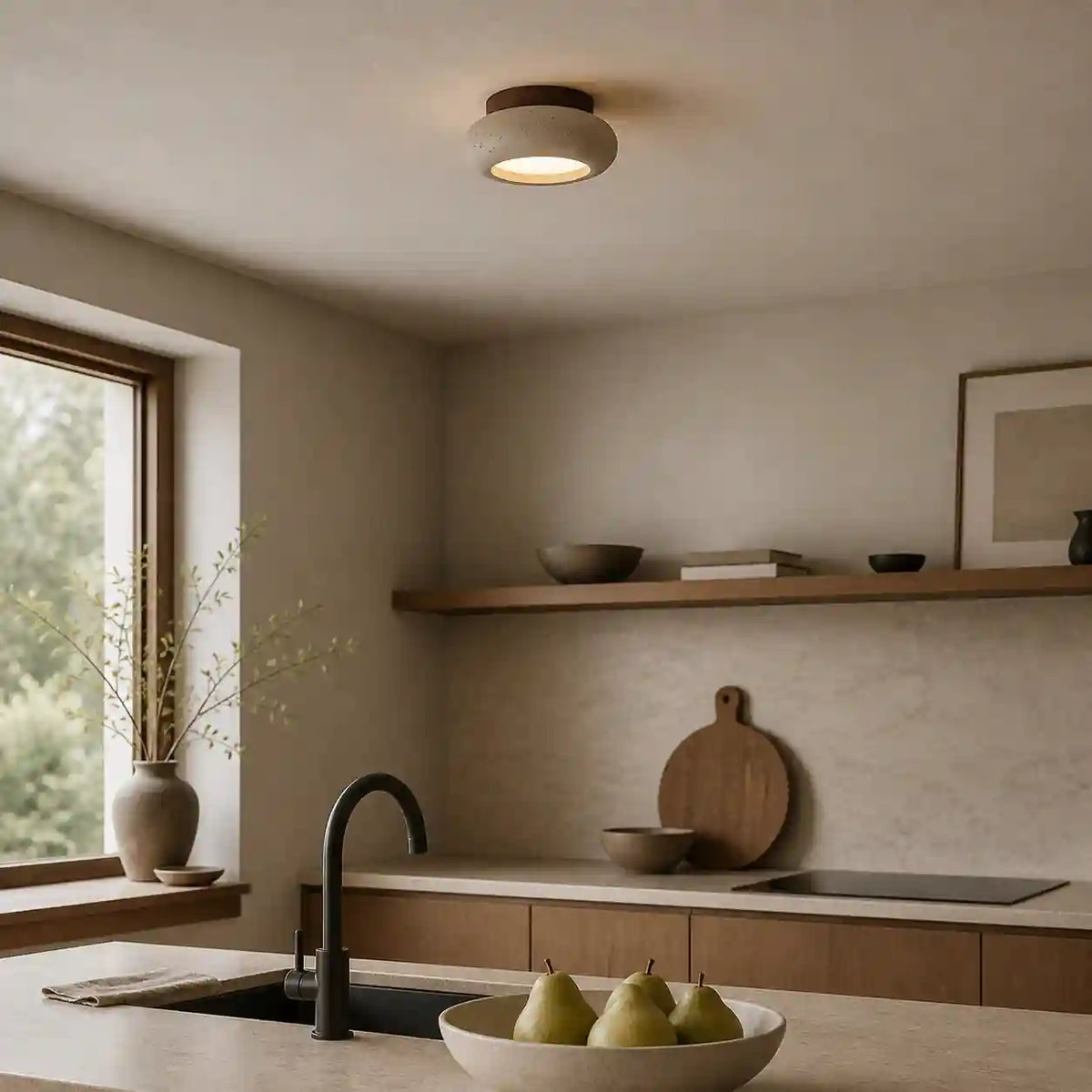 Plafonnier travertin bois acajou - design soucoupe