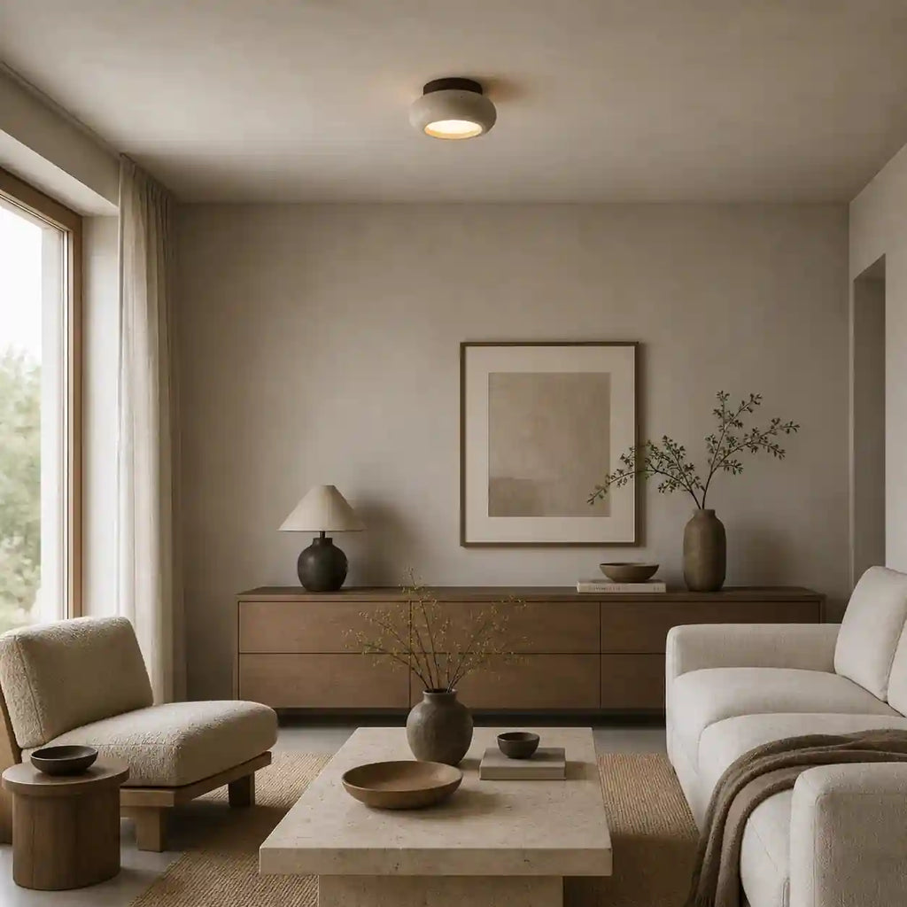 Plafonnier travertin bois acajou - design soucoupe