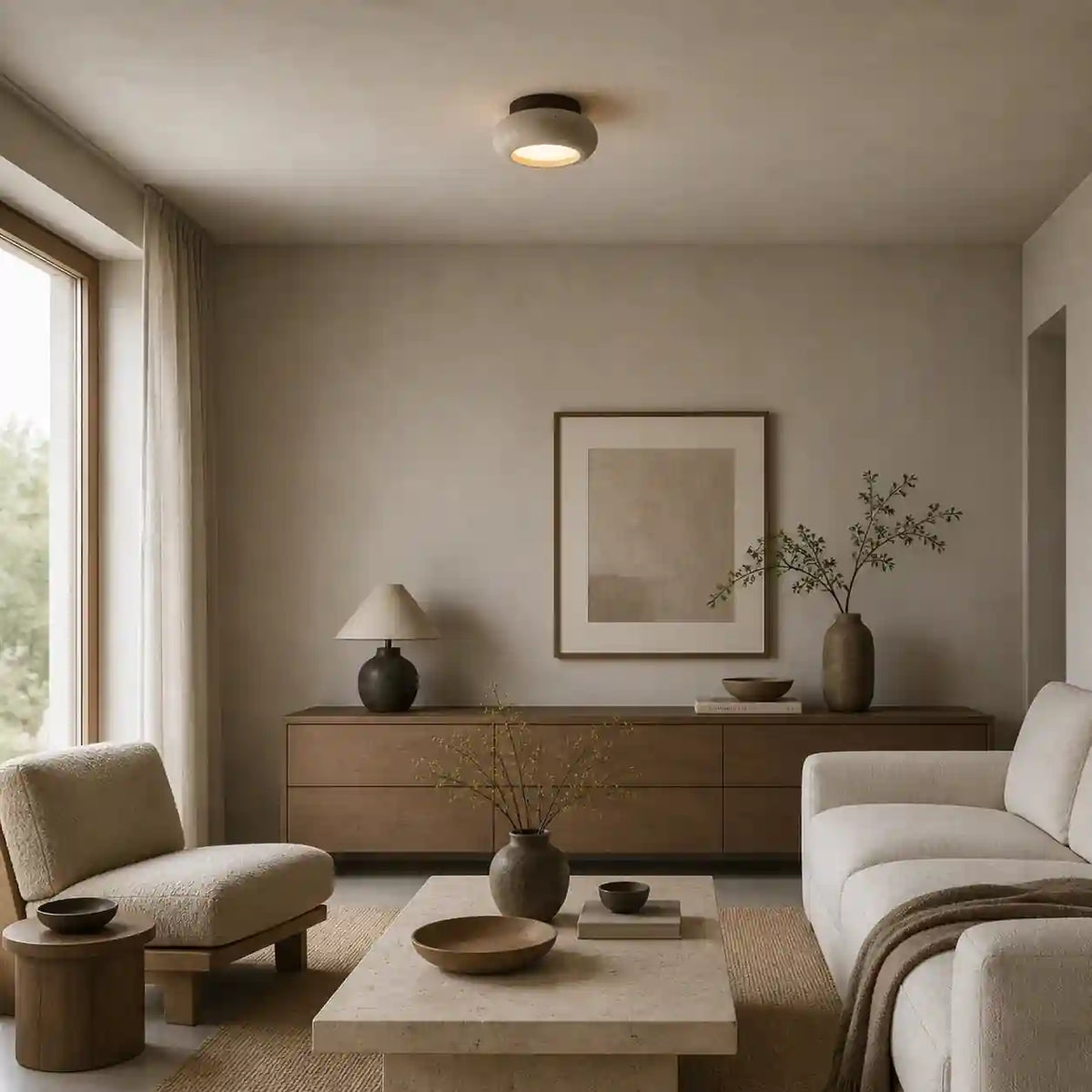 Plafonnier travertin bois acajou - design soucoupe