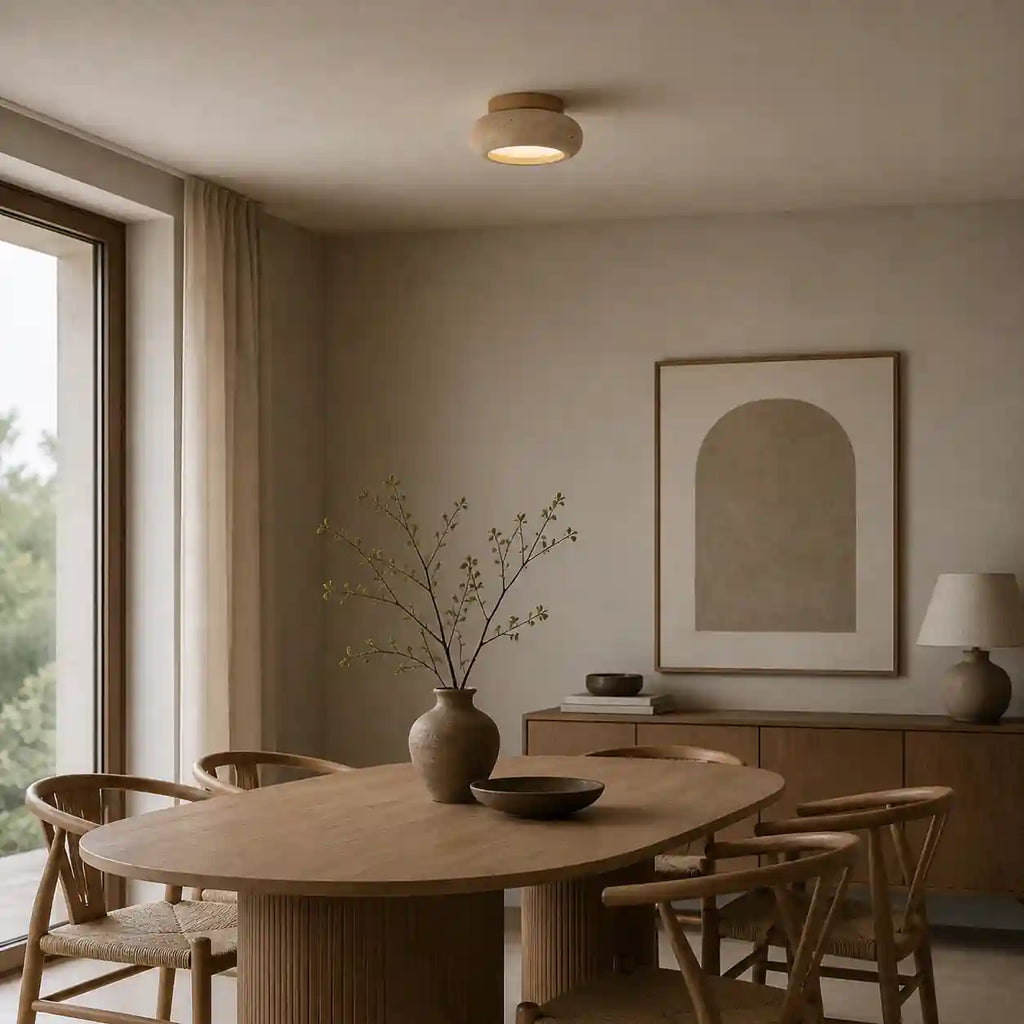 Plafonnier travertin bois acajou - design soucoupe