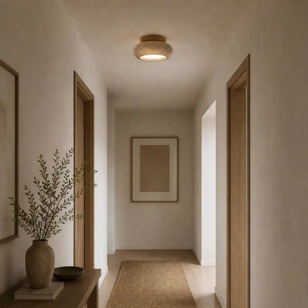Plafonnier travertin bois acajou - design soucoupe