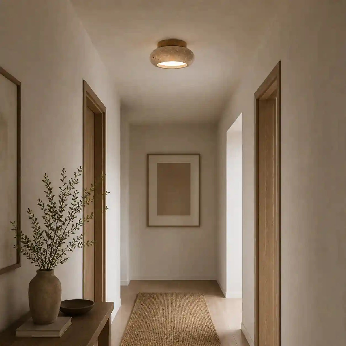 Plafonnier travertin bois acajou - design soucoupe