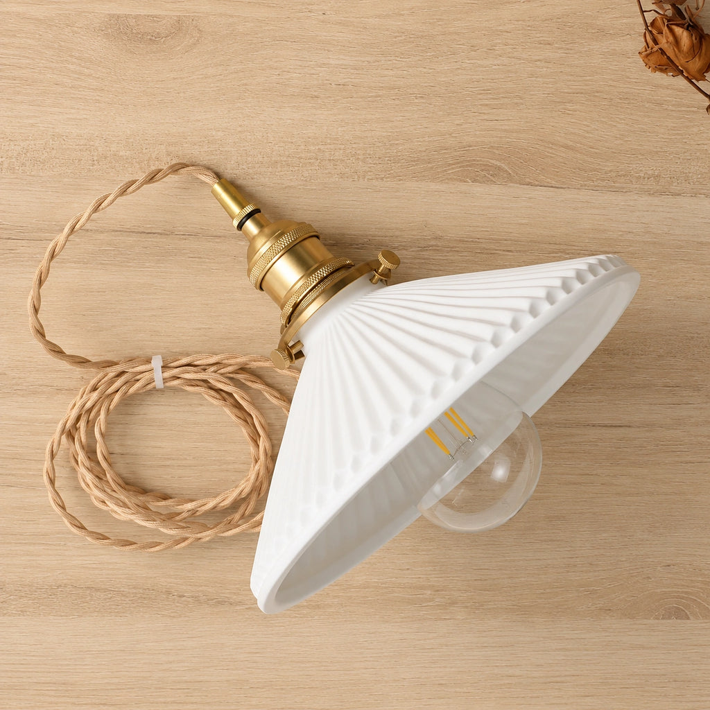 Suspension Céramique Blanche & Bronze | Luminaire Japandi Haut de Gamme