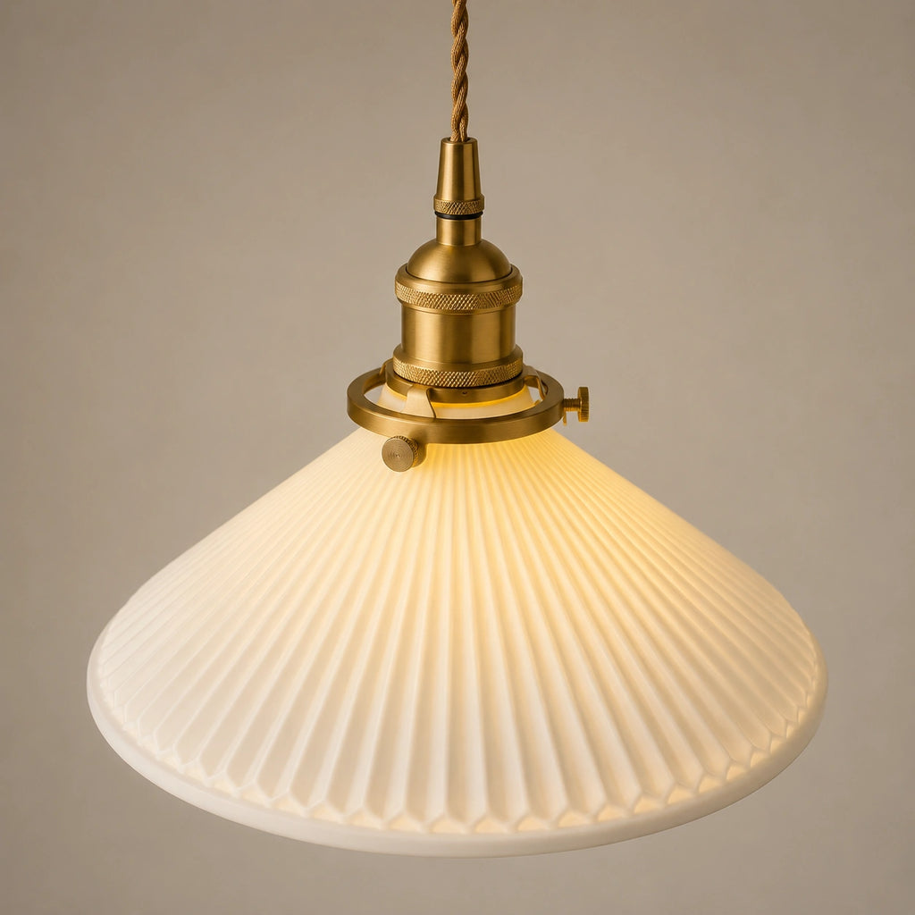 Suspension Céramique Blanche & Bronze | Luminaire Japandi Haut de Gamme