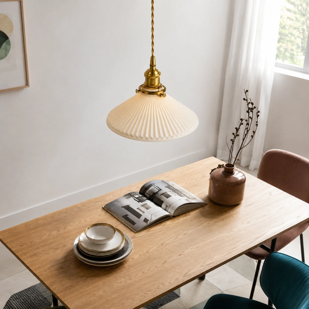 Suspension Céramique Blanche & Bronze | Luminaire Japandi Haut de Gamme