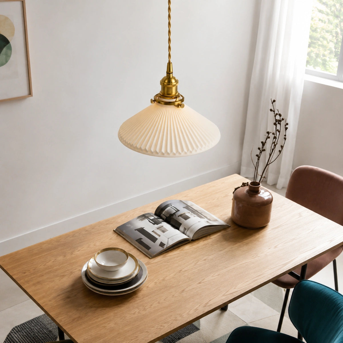 Suspension Céramique Blanche & Bronze | Luminaire Japandi Haut de Gamme