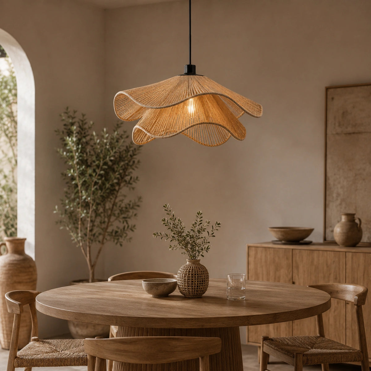Suspension Rotin Fleur Japandi | Luminaire Ondulé Naturel
