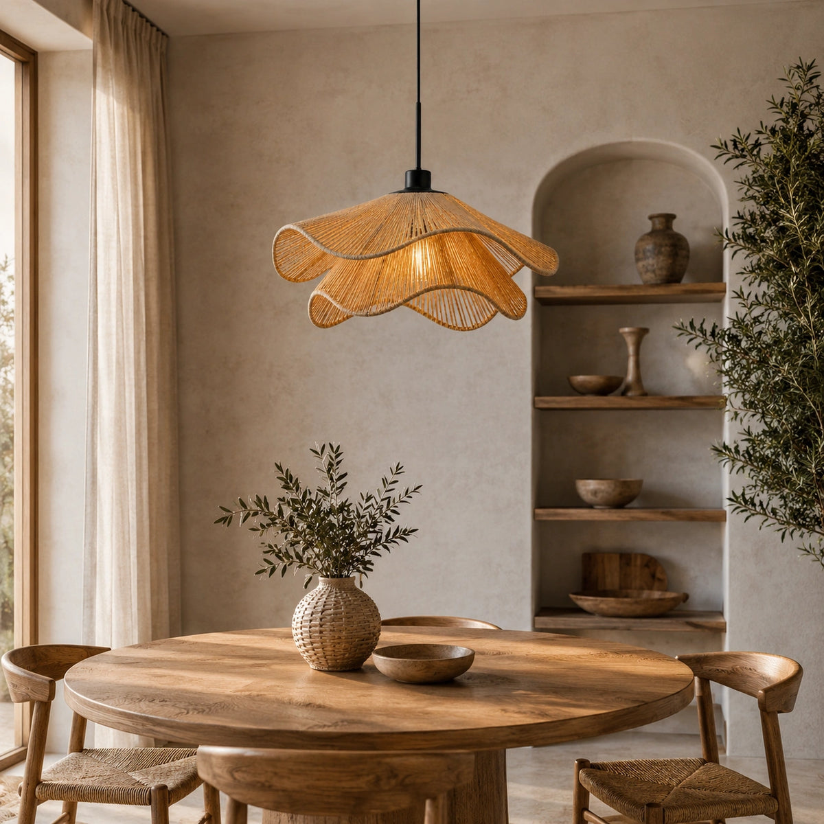 Suspension Rotin Fleur Japandi | Luminaire Ondulé Naturel