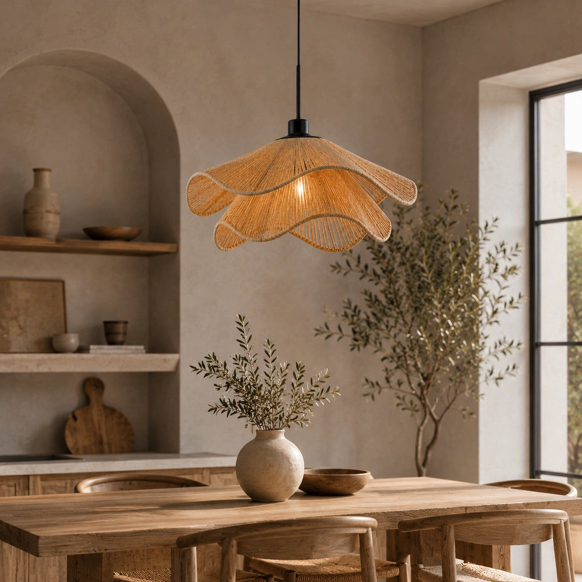 Suspension Rotin Fleur Japandi | Luminaire Ondulé Naturel