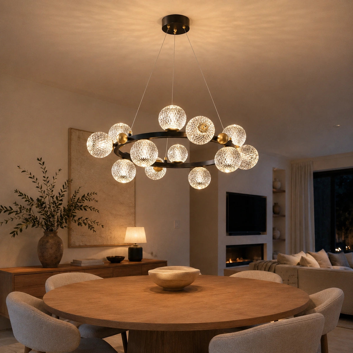 Suspension Design Anneau Noir et Boules en Verre Texturé