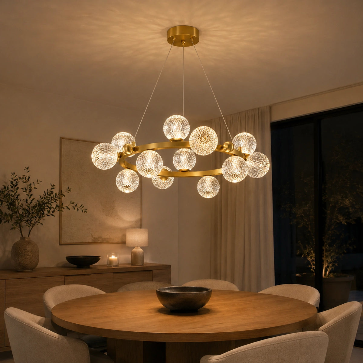 Suspension Design Anneau Doré et Boules en Verre Texturé